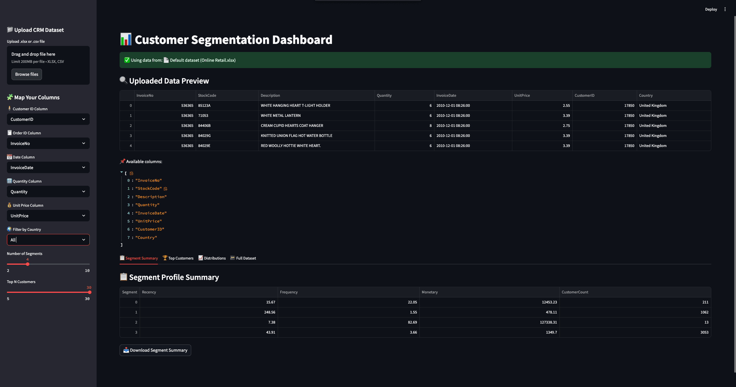 Customer Segmentation App screenshot